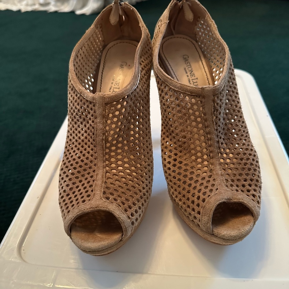 Tan Peep-Toe Suede Heeled Booties with Perforated Design- made in Italy